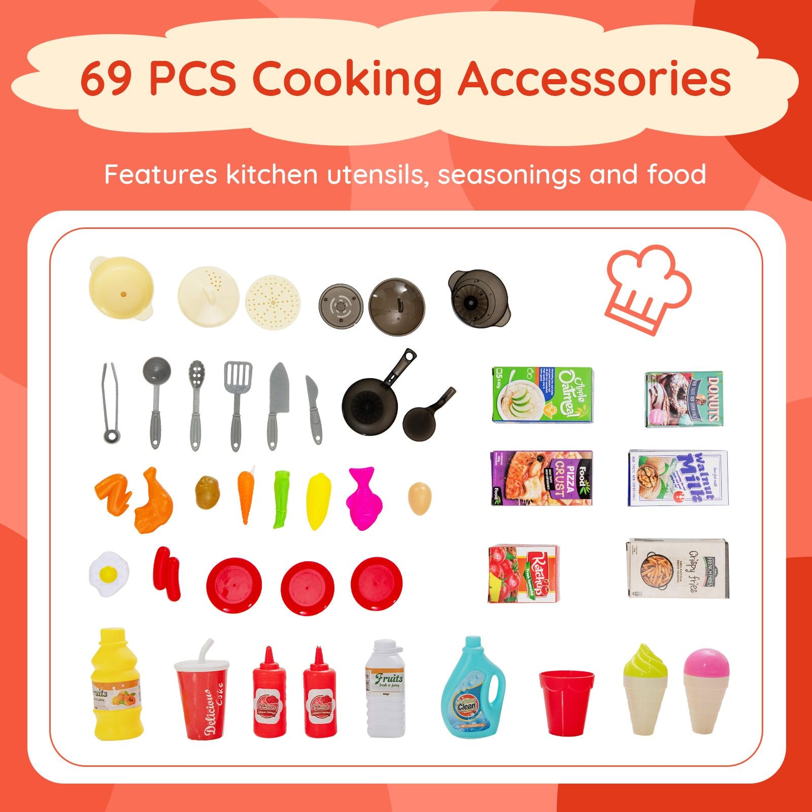 Kids Kitchen Pretend Play Playset Toy with Boiling and Vapour Mist Effects - 69 Pieces