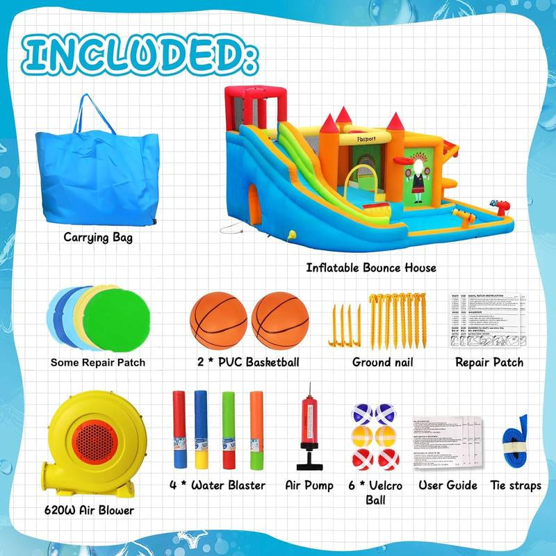 FBSPORT Inflatable Bounce House Water Slide for Kids with Toy Market Splash Pool Bouncer Castle Climbing Wall Ball Dart W/620W Blower Outdoor Indoor