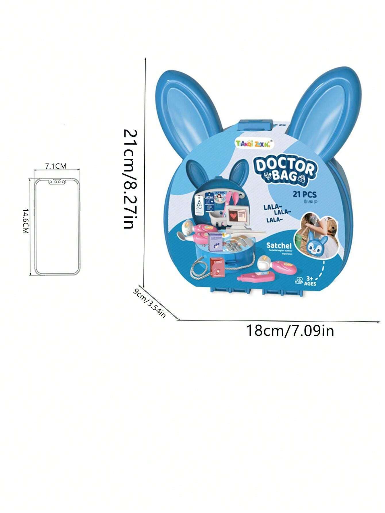 Bunny Rabbit Carry Case Travel Doctor Bag Doctors 21 Piece Play Set with Shoulder Strap - Blue - Easter Toys & Gift