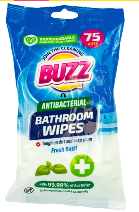 Buzz Biodegradable Bathroom Anti – Bac Wipes 75 Pack Basil Blossom