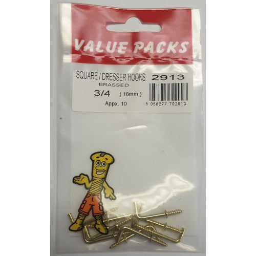 3 4" Square Dresser Hooks Brassed