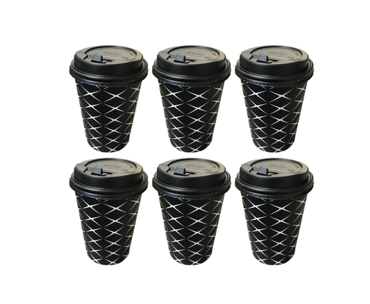 Black Paper Cup With Lid Printed Design 12Oz Pack Of 6 Assorted Designs