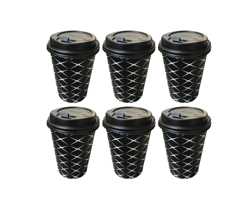 Black Paper Cup with Lid Printed Design 12oz Pack of 6 Assorted Designs 2206