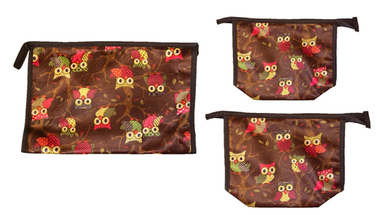Bathroom Make-up Toiletry Travel Bag Owl Print Set of 3 Assorted Colours 2270