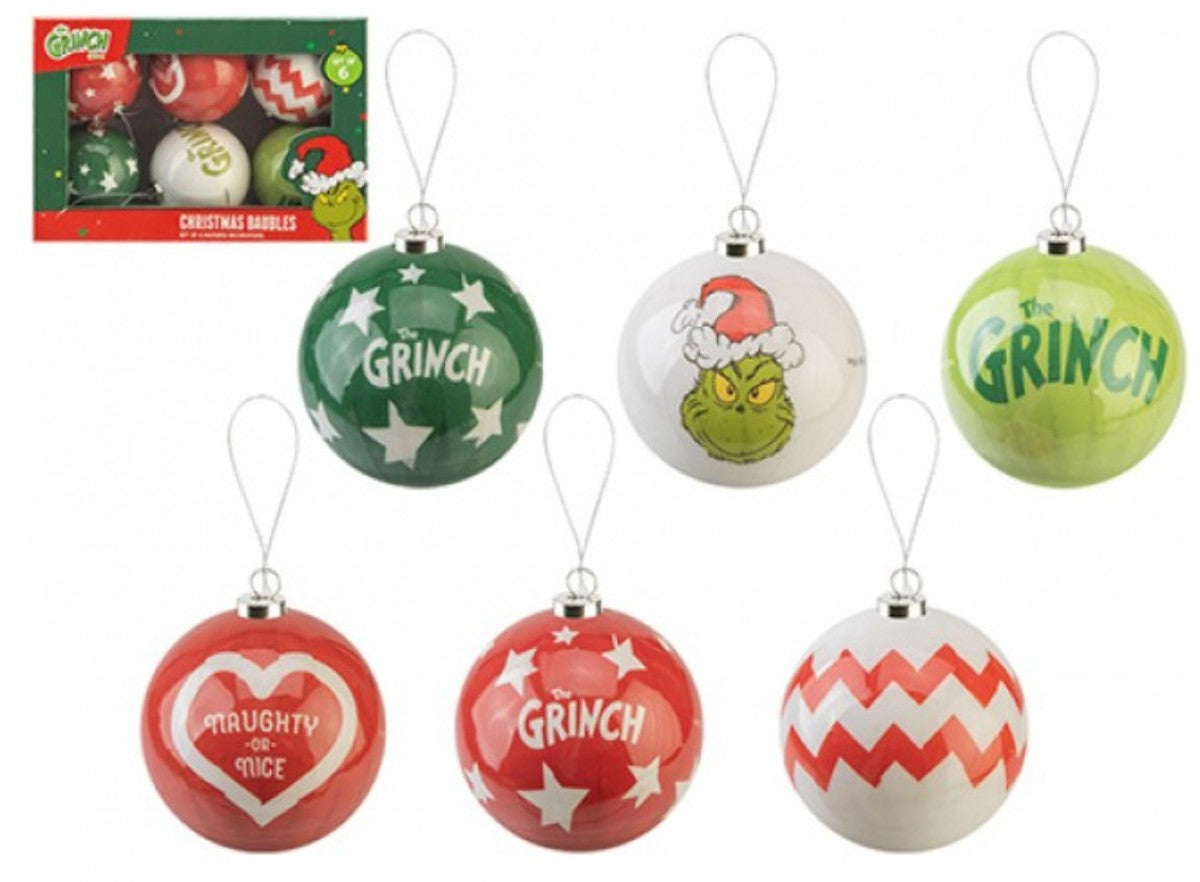 6 X 75Mm Grinch Baubles In Box Assorted