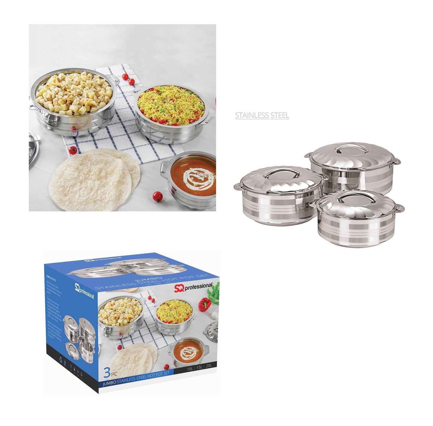 Stainless Steel Curry Large HOT POT Jumbo Set Quality Kitchenware 3 Piece Pot Set 2324