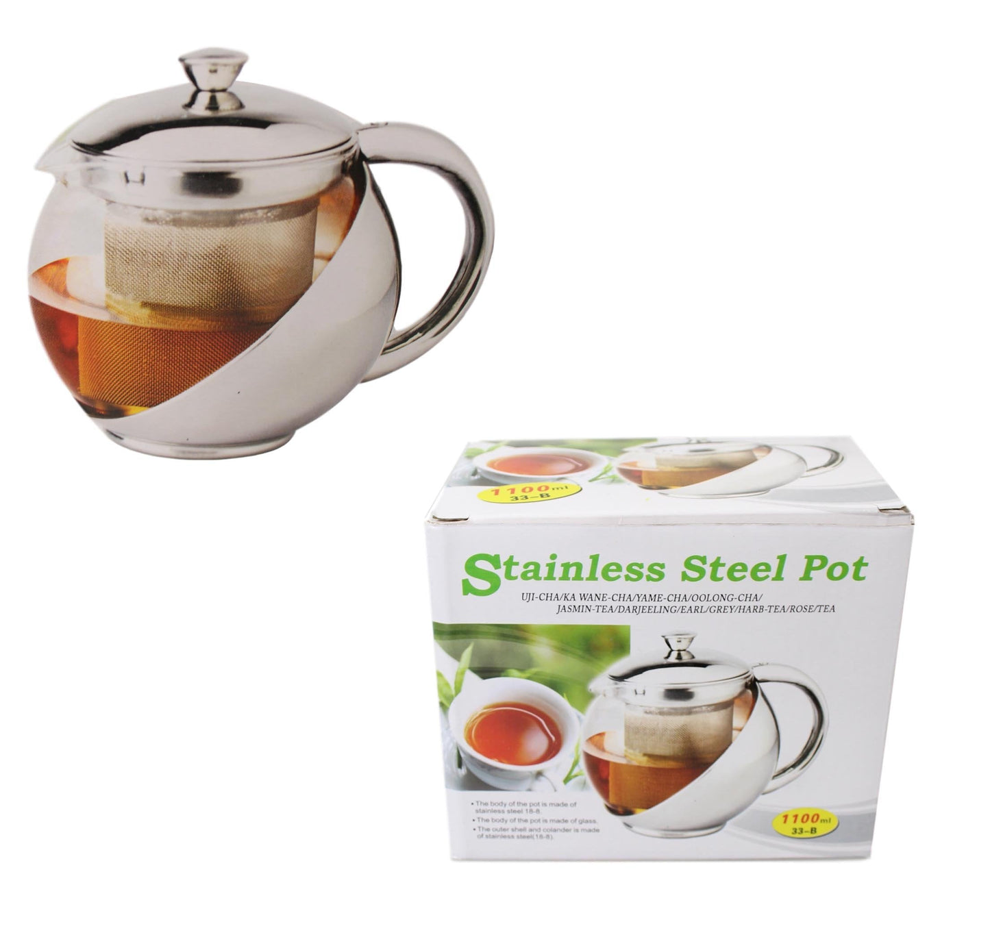 Stainless Steel and Glass Teapot with Mesh Strainer Filter 1100ml 2349