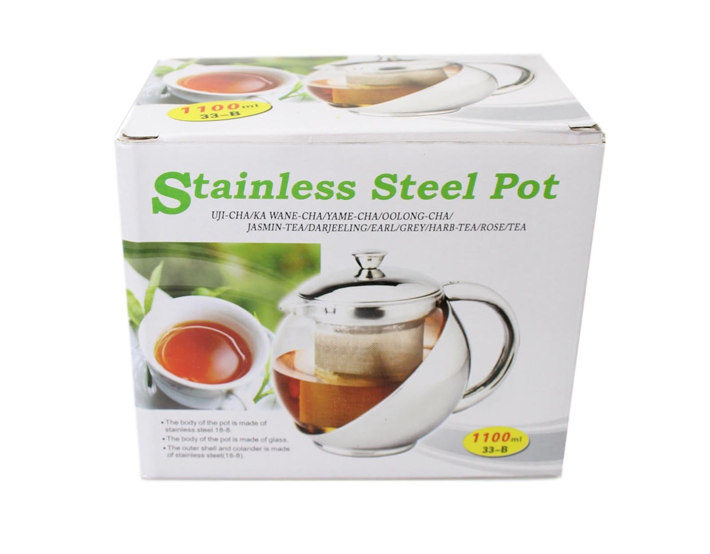 Stainless Steel and Glass Teapot with Mesh Strainer Filter 1100ml 2349