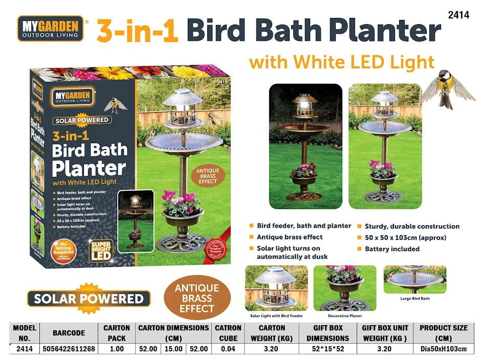 Solar Powered 3 In 1 Bird Bath Planter Garden Decoration 2414