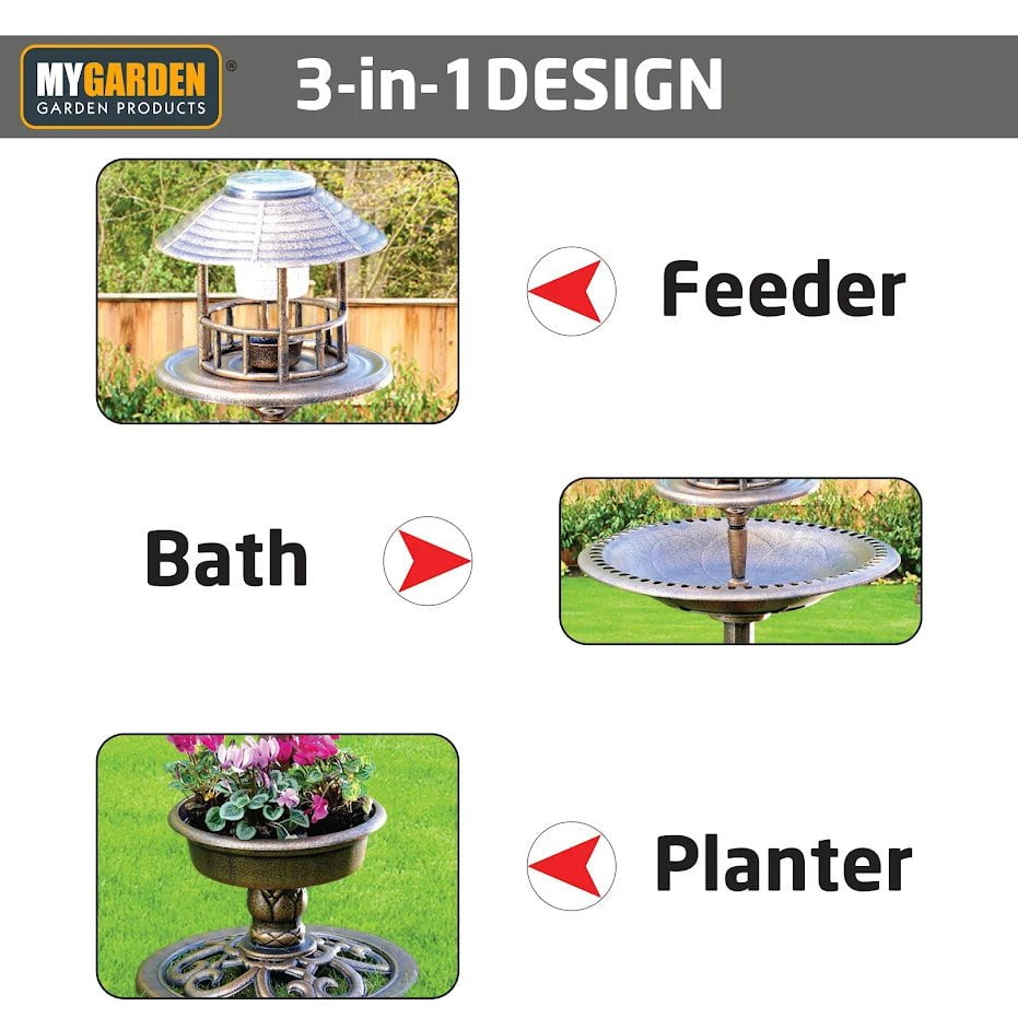 Solar Powered 3 In 1 Bird Bath, Feeder & Planter Garden Decoration