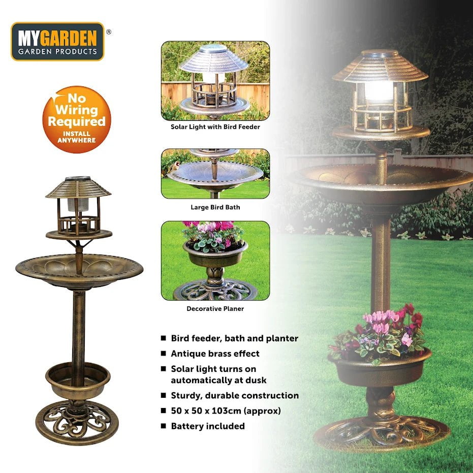 Solar Powered 3 In 1 Bird Bath, Feeder & Planter Garden Decoration