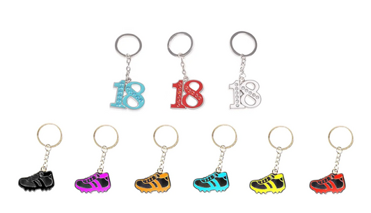 Metal Football Shoe / Number '18' 3.5 cm Keyring Keychains Assorted Colours 2518