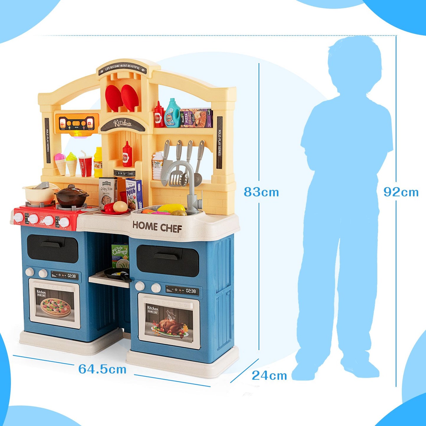 Kids Kitchen Pretend Play Playset Toy with Boiling and Vapour Mist Effects - 69 Pieces