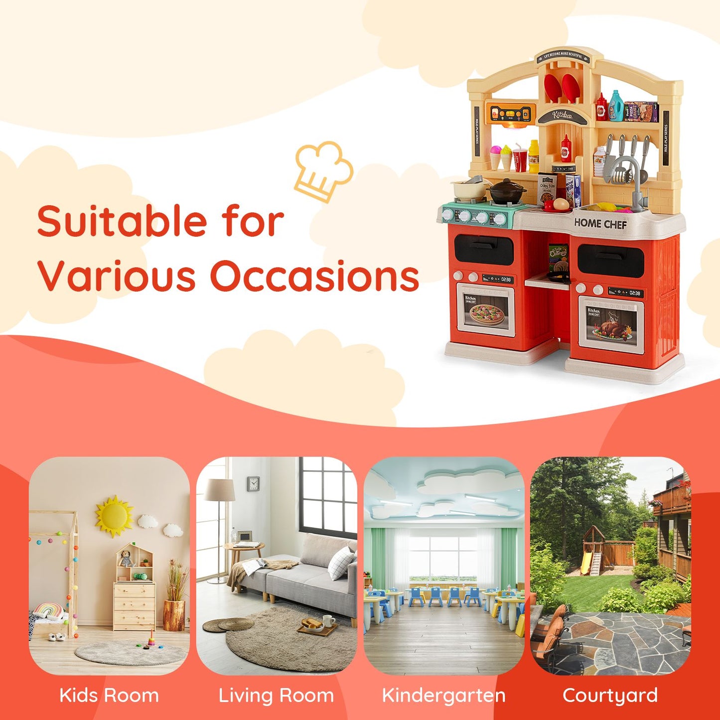 Kids Kitchen Pretend Play Playset Toy with Boiling and Vapour Mist Effects - 69 Pieces