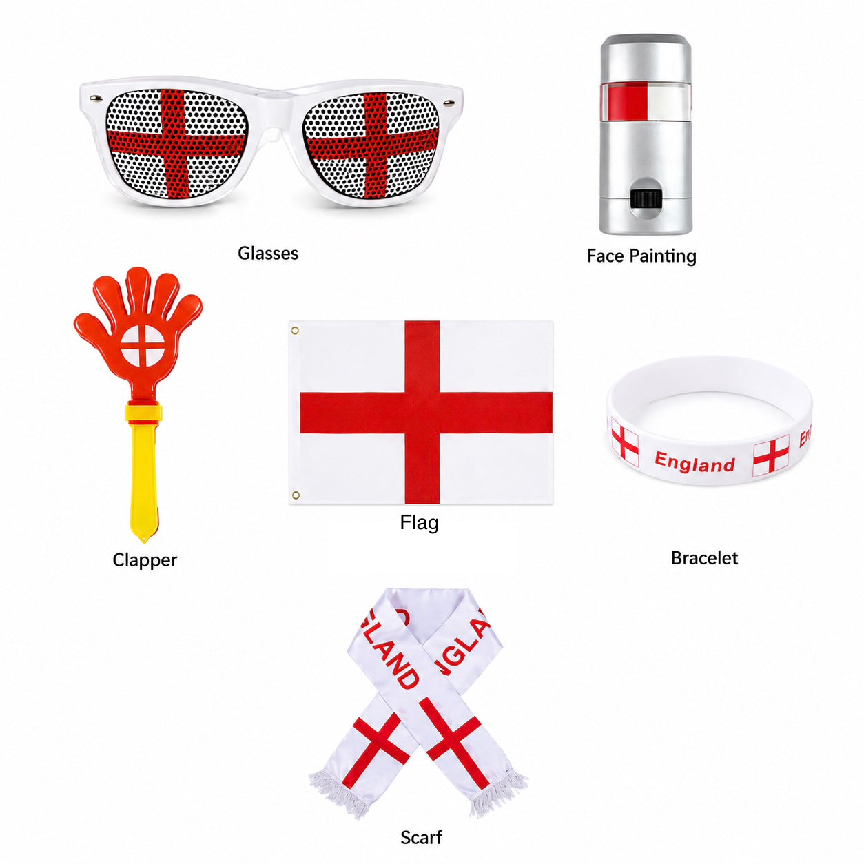 England World Cup Fan Pack includes Flag, Glasses, Scarf, Face Paint, Clapper