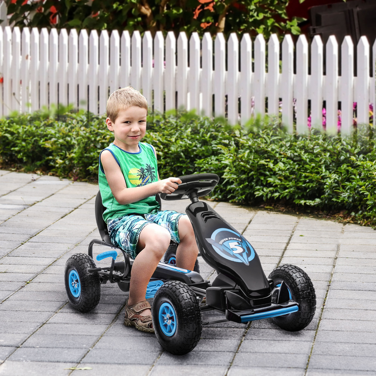 Kids Pedal Go Kart w/ Adjustable Seat, Rubber Wheels, Brake, Blue