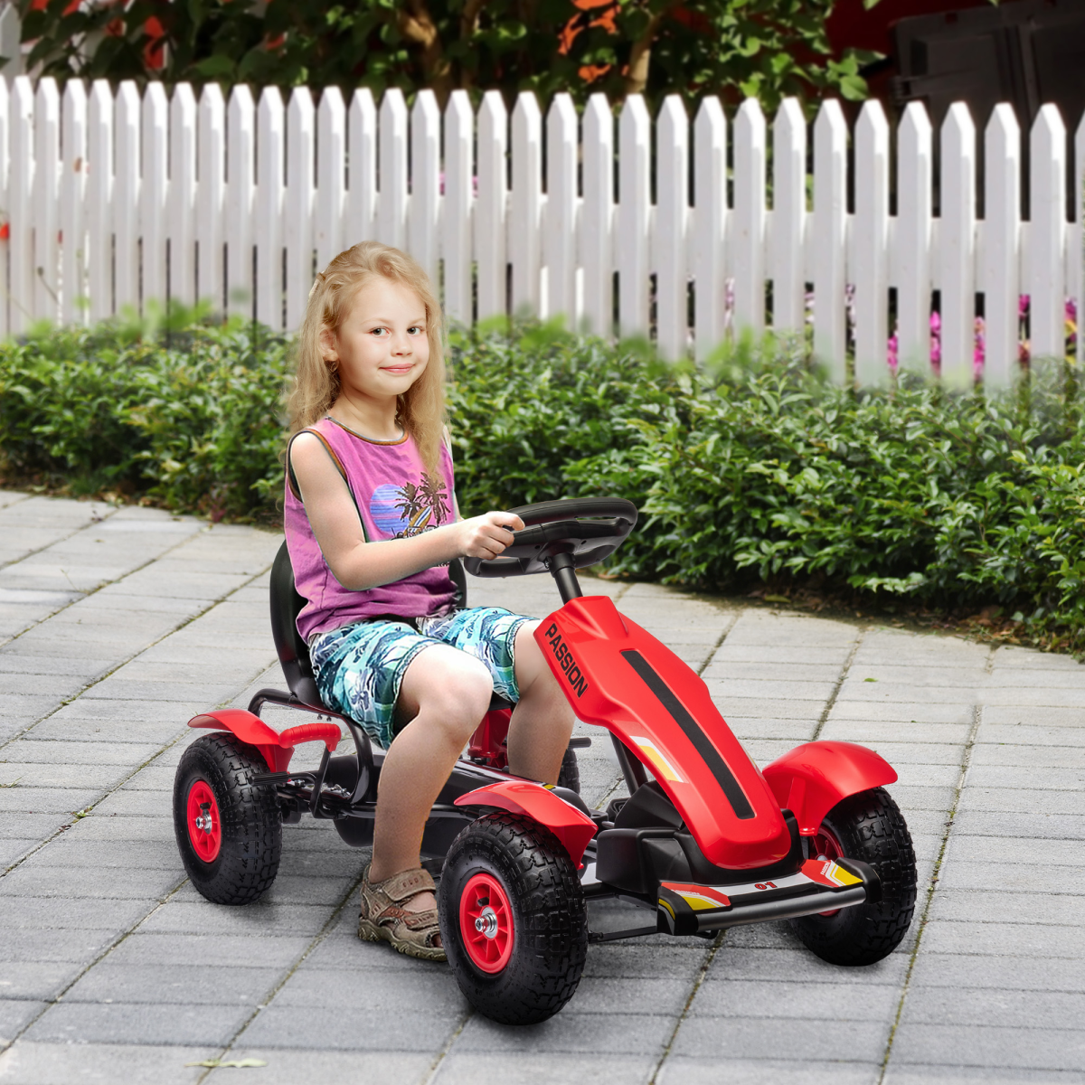 Kids Pedal Go Kart w/ Adjustable Seat, Inflatable Tyres, Handbrake - Red