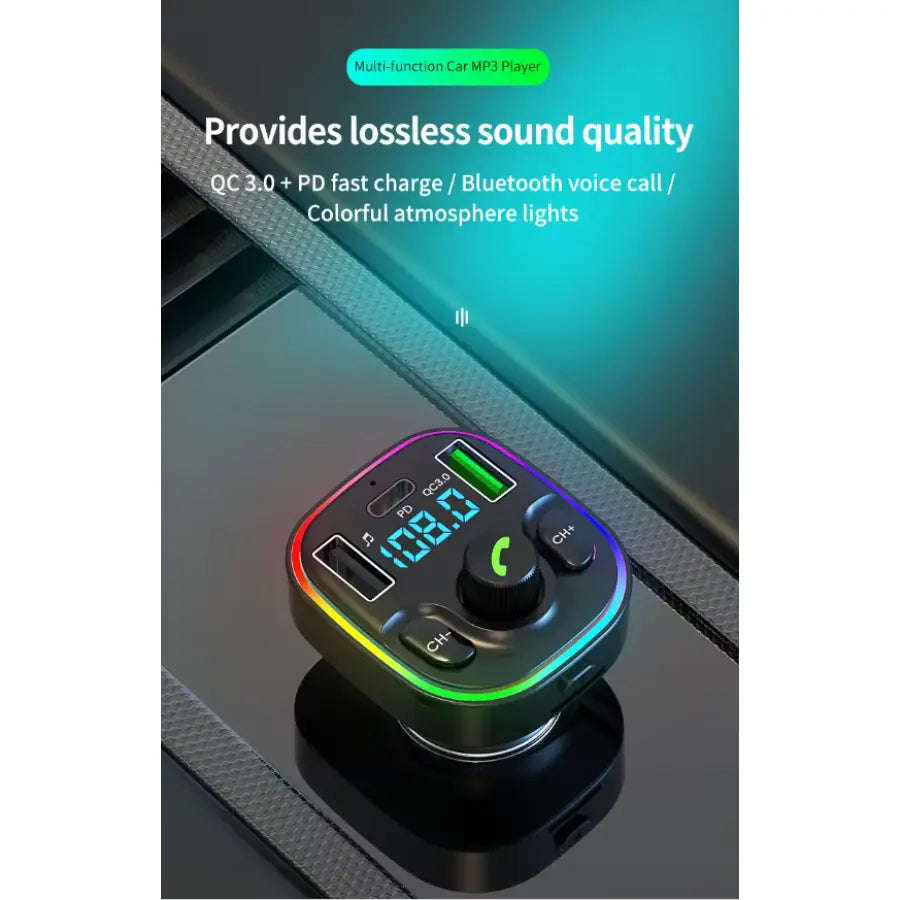 Bluetooth Hands-free Call Car MP3 Player Type-C + Dual USB Ports Phone Charger FM Transmitter with LED Light