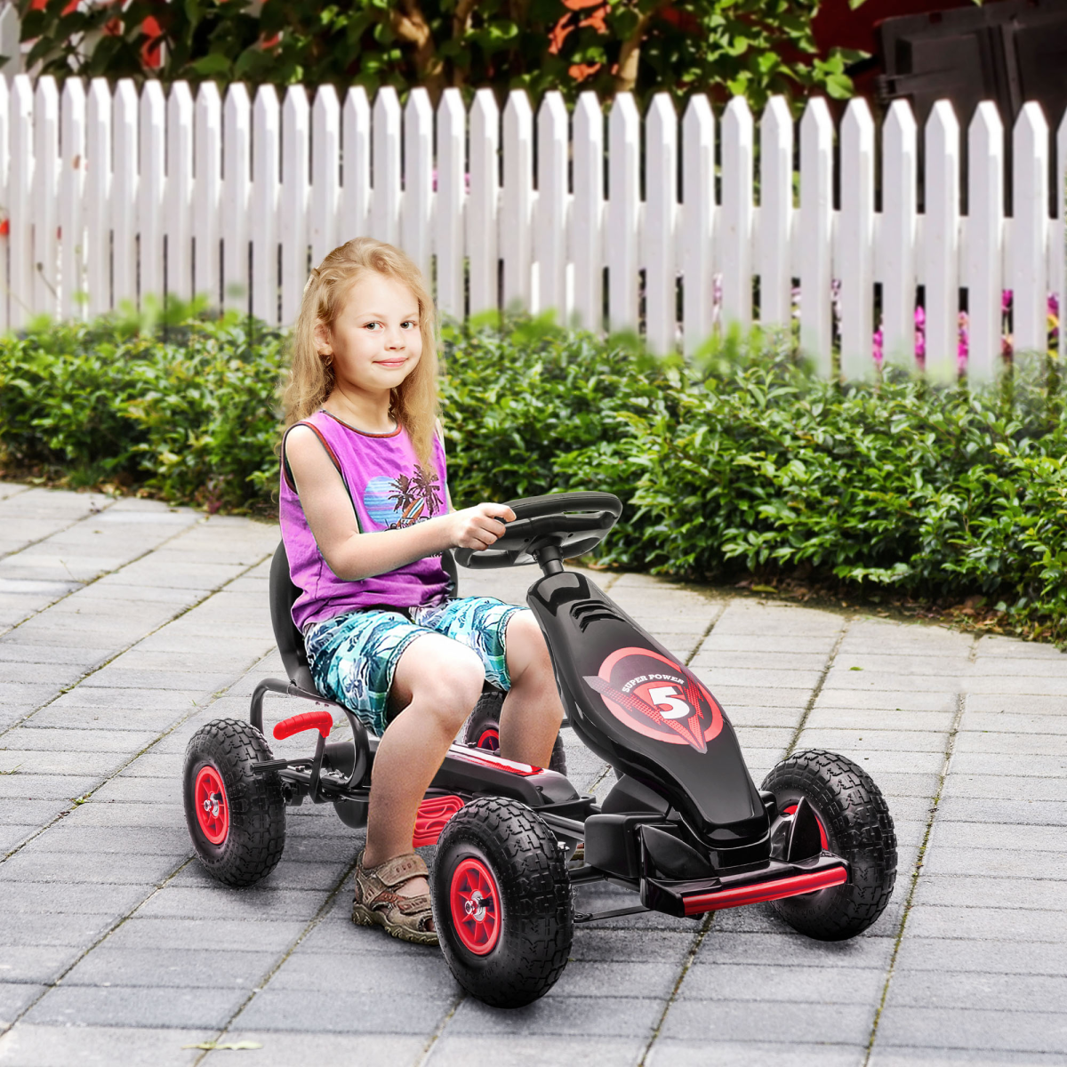 Kids Pedal Go Kart w/ Adjustable Seat, Rubber Wheels, Brake - Red