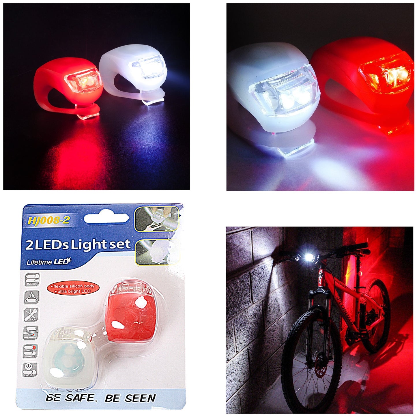 2 LED Light Set Silicone Bike Lights Flexible Waterproof Red / White 3410 A