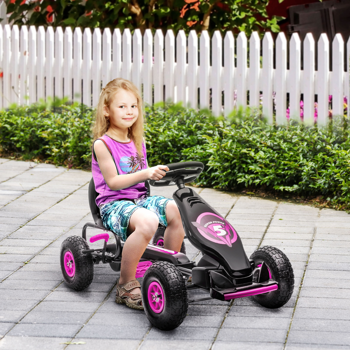 Kids Pedal Go Kart w/ Adjustable Seat, Rubber Wheels, Brake - Pink
