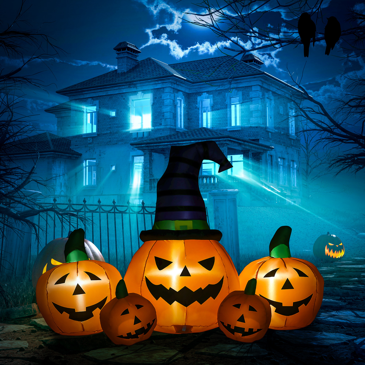 6ft Inflatable Halloween Large Pumpkin Hat with Four Small Pumpkins Blow-Up LED