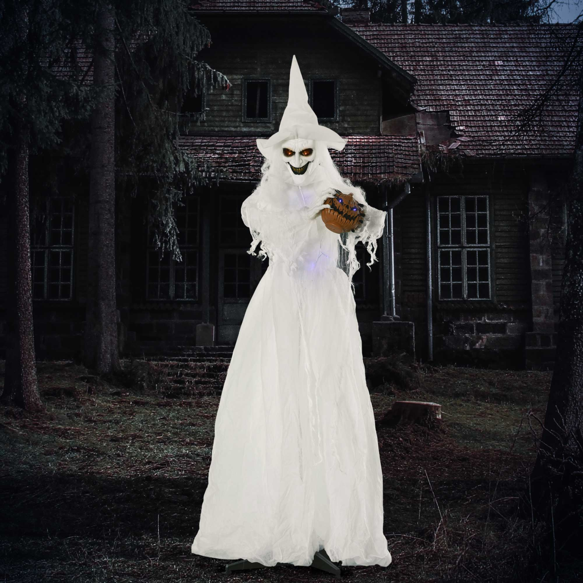 72 Inch Halloween White Witch Holding Pumpkin Skeleton Ghost Motion Lighted Up