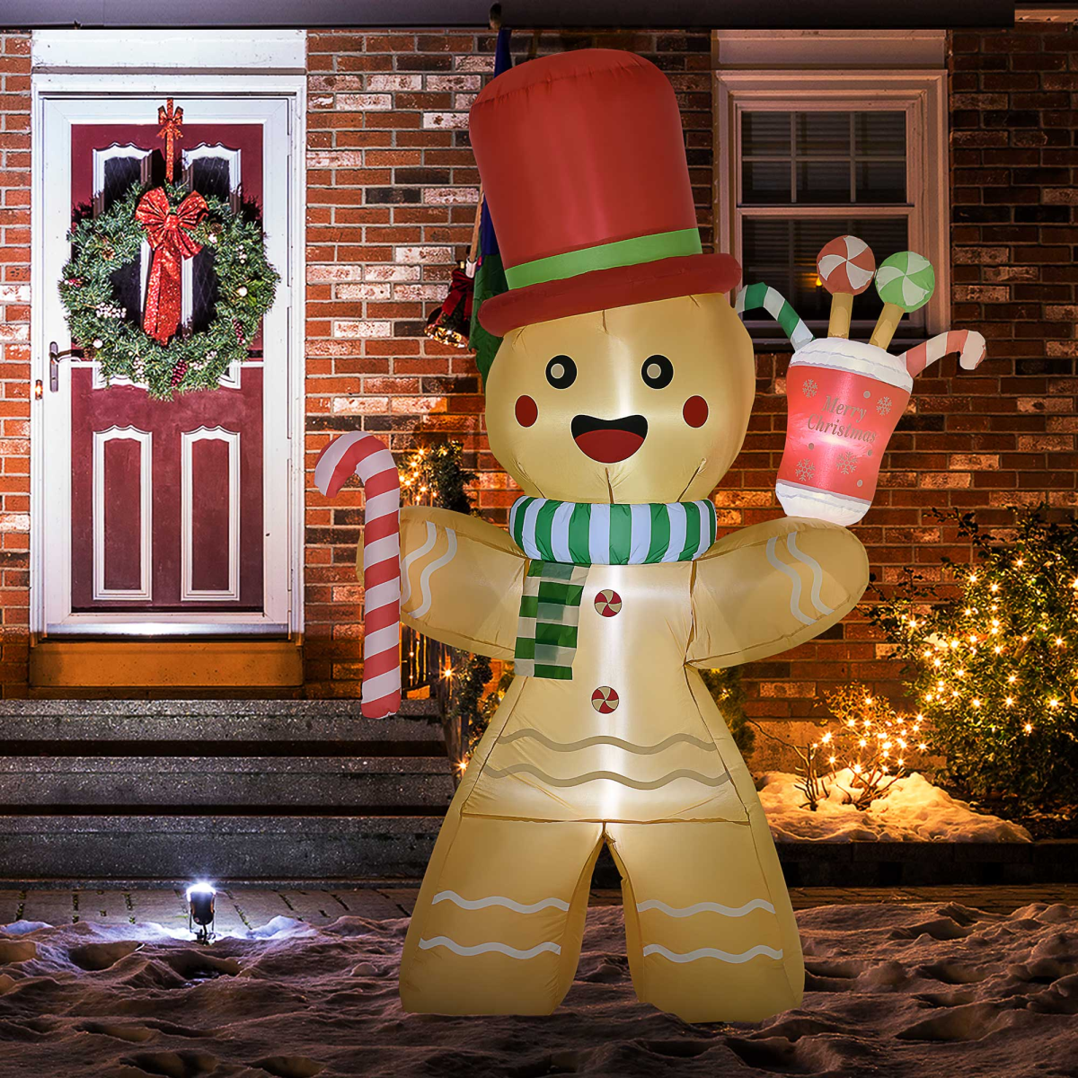 7.5FT Christmas Inflatables Gingerbread Man with Candy Cane LED Lights