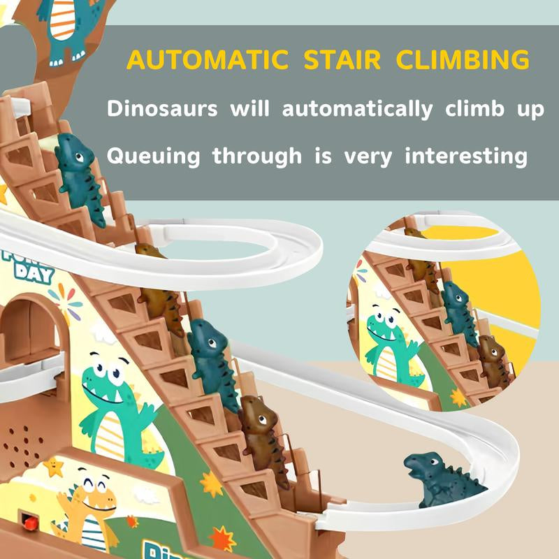 Dinosaur Climbing Stairs Track Slide Toy, Electric Dinosaur Stairs Climbing Slide Toy with 3 Cars, Climbing Track Toy for Kids