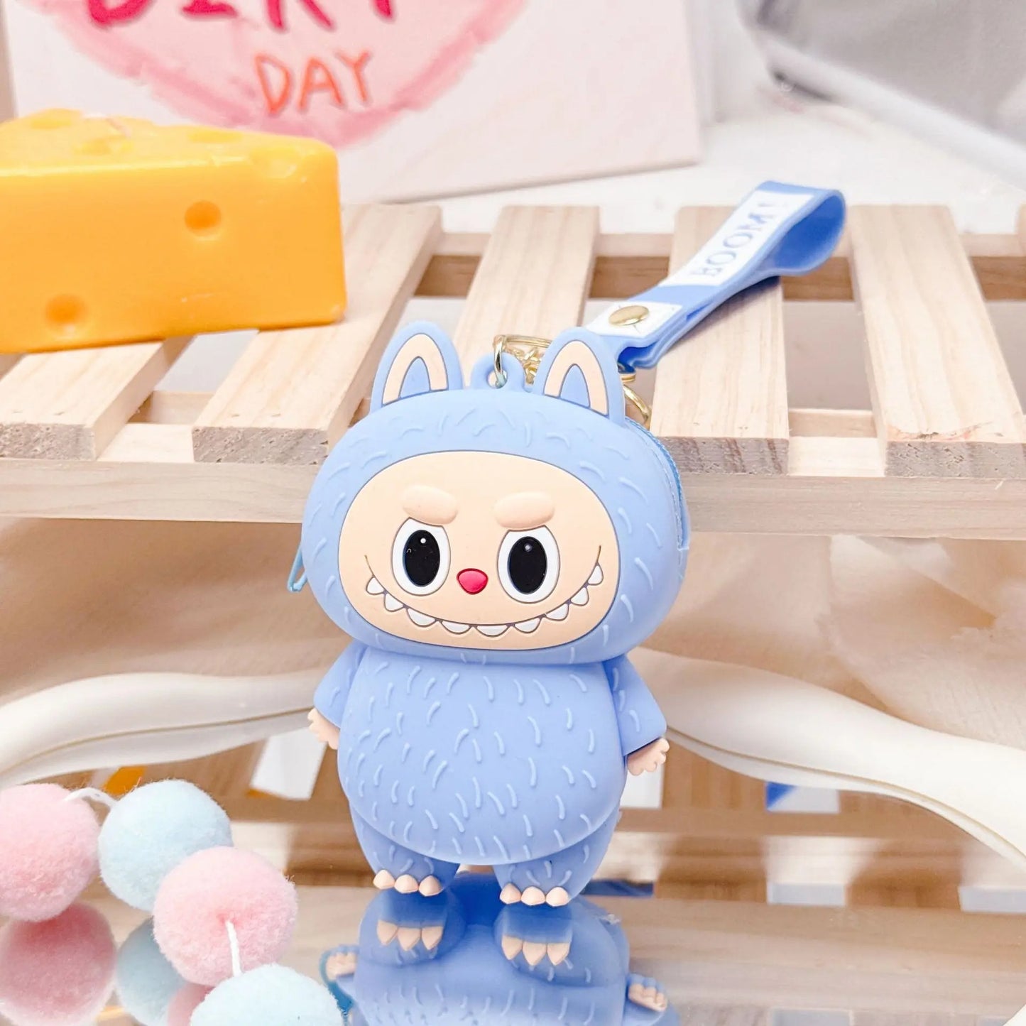 Labubu Purse Pouch Bag Keychain Keyring Coin Pouch 3D Soft Touch Silicone Pendant - Blue