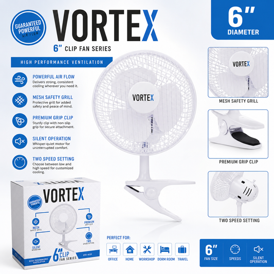 6" Clip Fan Vorte x C15 – Powerful Portable Cooling, 20W 900G