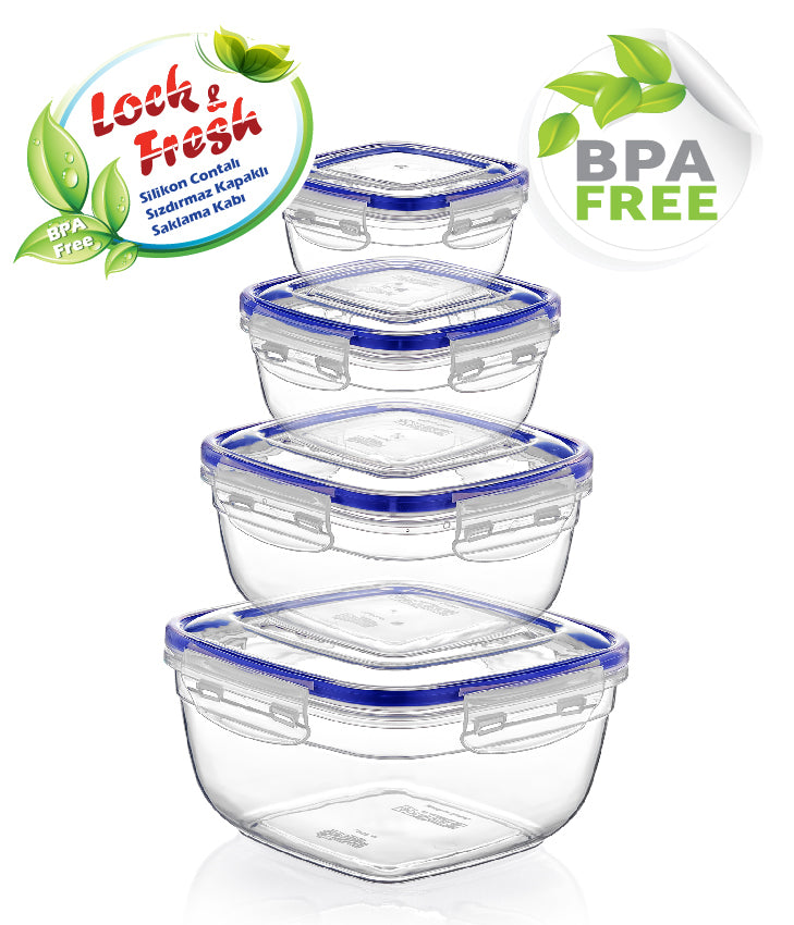Square Clear Plastic Food Storage Container with Sealing Lid Set of 4 D30143