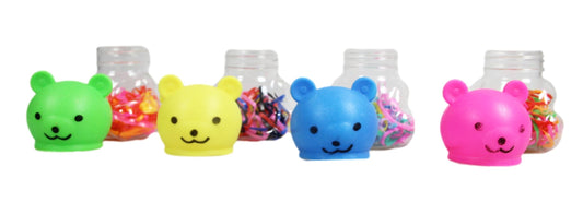 Plastic Hair Tie Bobble Elastic in Teddy Bear Shaped Bottle Assorted Colours 3055