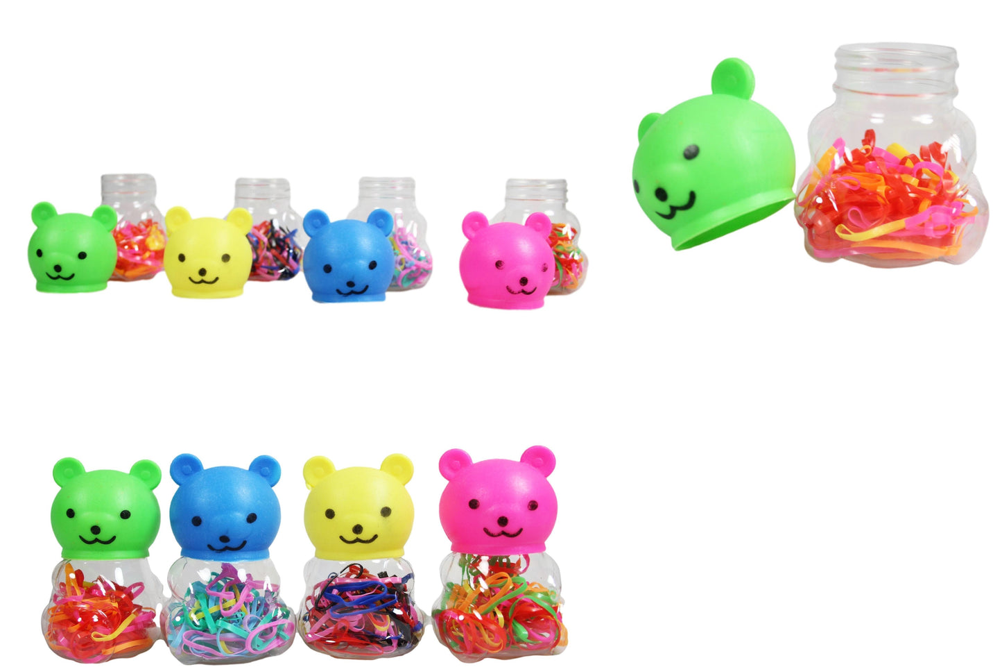 Plastic Hair Tie Bobble Elastic in Teddy Bear Shaped Bottle Assorted Colours 3055