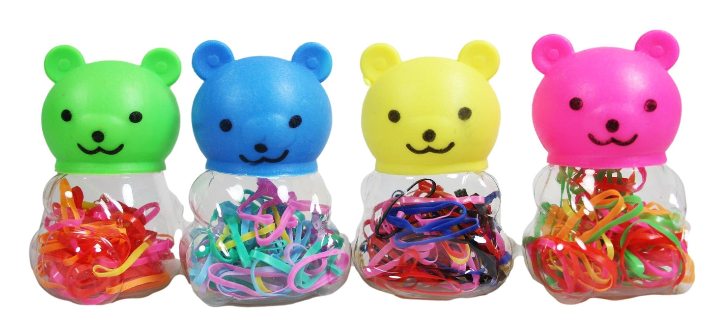 Plastic Hair Tie Bobble Elastic in Teddy Bear Shaped Bottle Assorted Colours 3055
