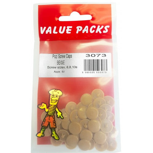 Pozi Screw Caps Beige Screw Sizes 6, 8, 10s Pack of 50 Diy 3073