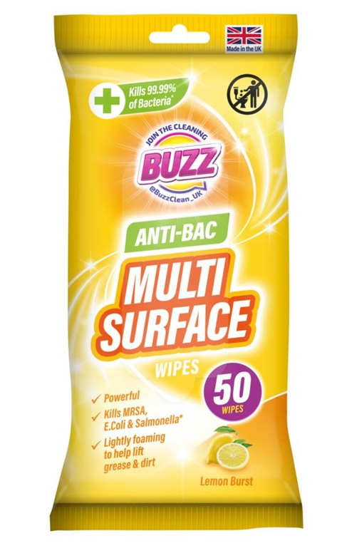 Buzz Multi Surface Antibacterial Wipes 50 Pack Lemon 321592