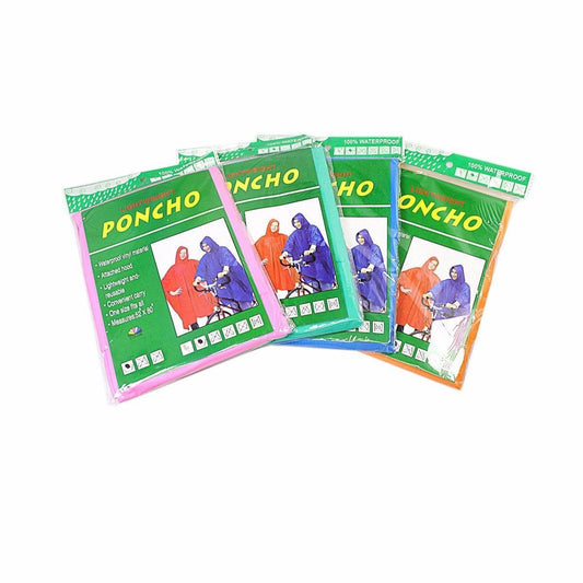 Adult Waterproof Plastic Poncho Raincoat 52" x 80" Assorted Colours 4838