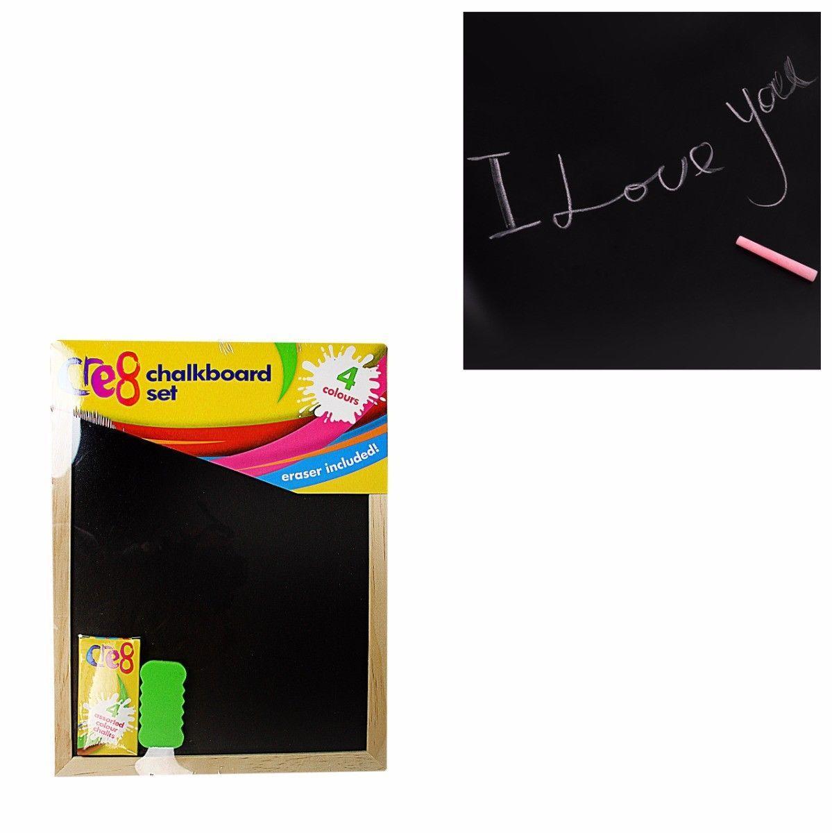 Childrens Black Chalkboard Set Includes 4 Coloured Chalks & Eraser 30cm x 23cm   3854