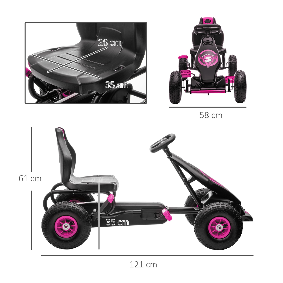 Kids Pedal Go Kart w/ Adjustable Seat, Rubber Wheels, Brake - Pink