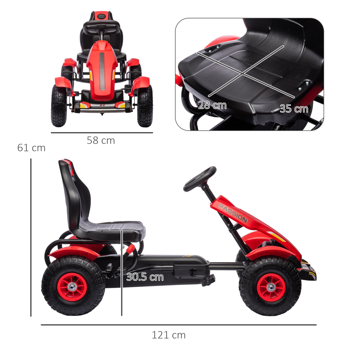 Kids Pedal Go Kart w/ Adjustable Seat, Inflatable Tyres, Handbrake - Red