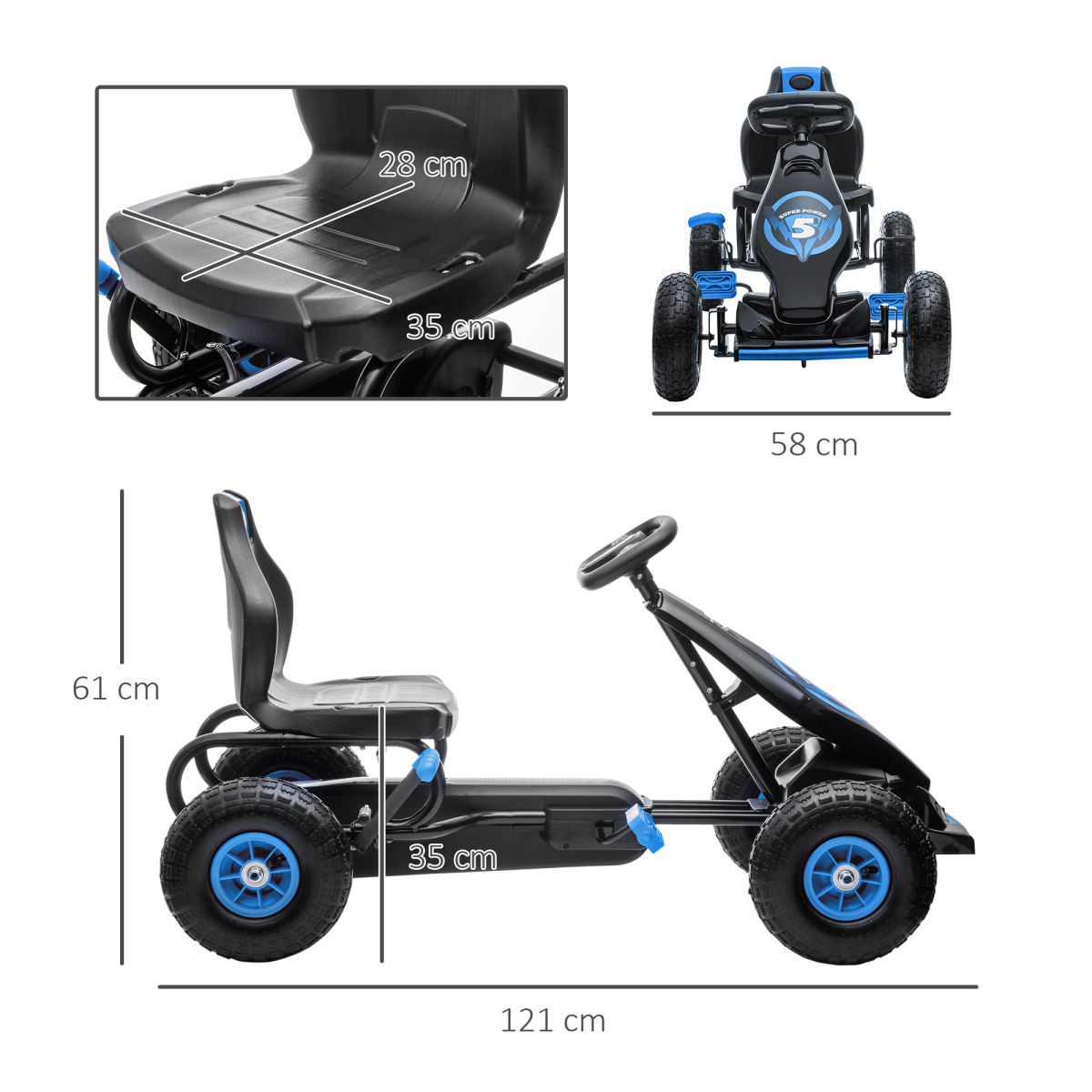Kids Pedal Go Kart w/ Adjustable Seat, Rubber Wheels, Brake, Blue