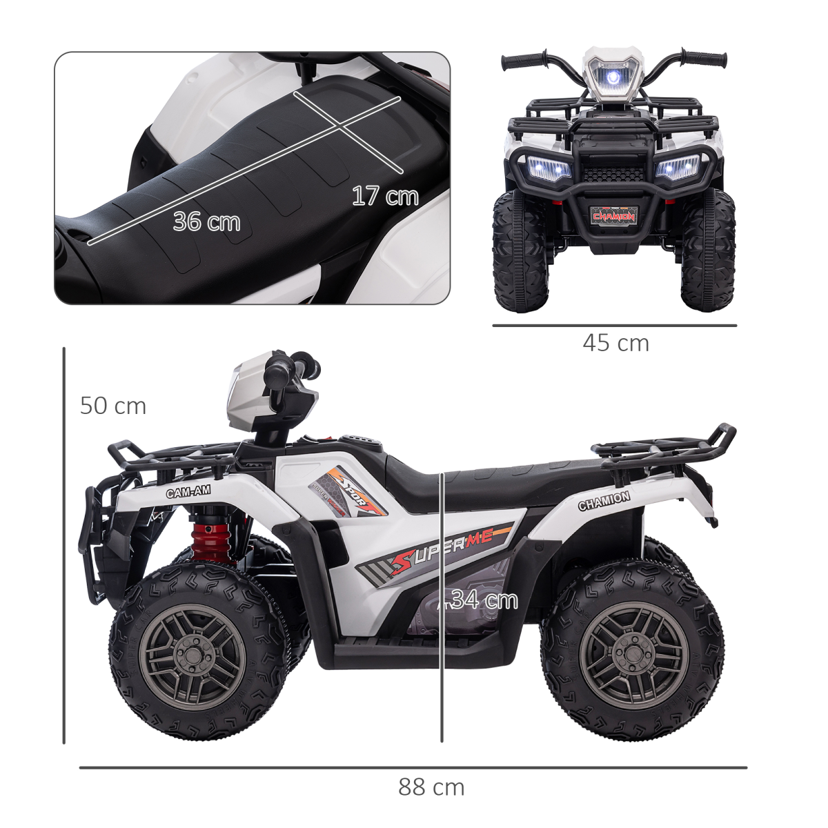 12V Electric Quad Bike for Kids w/ LED Headlights, Music - White