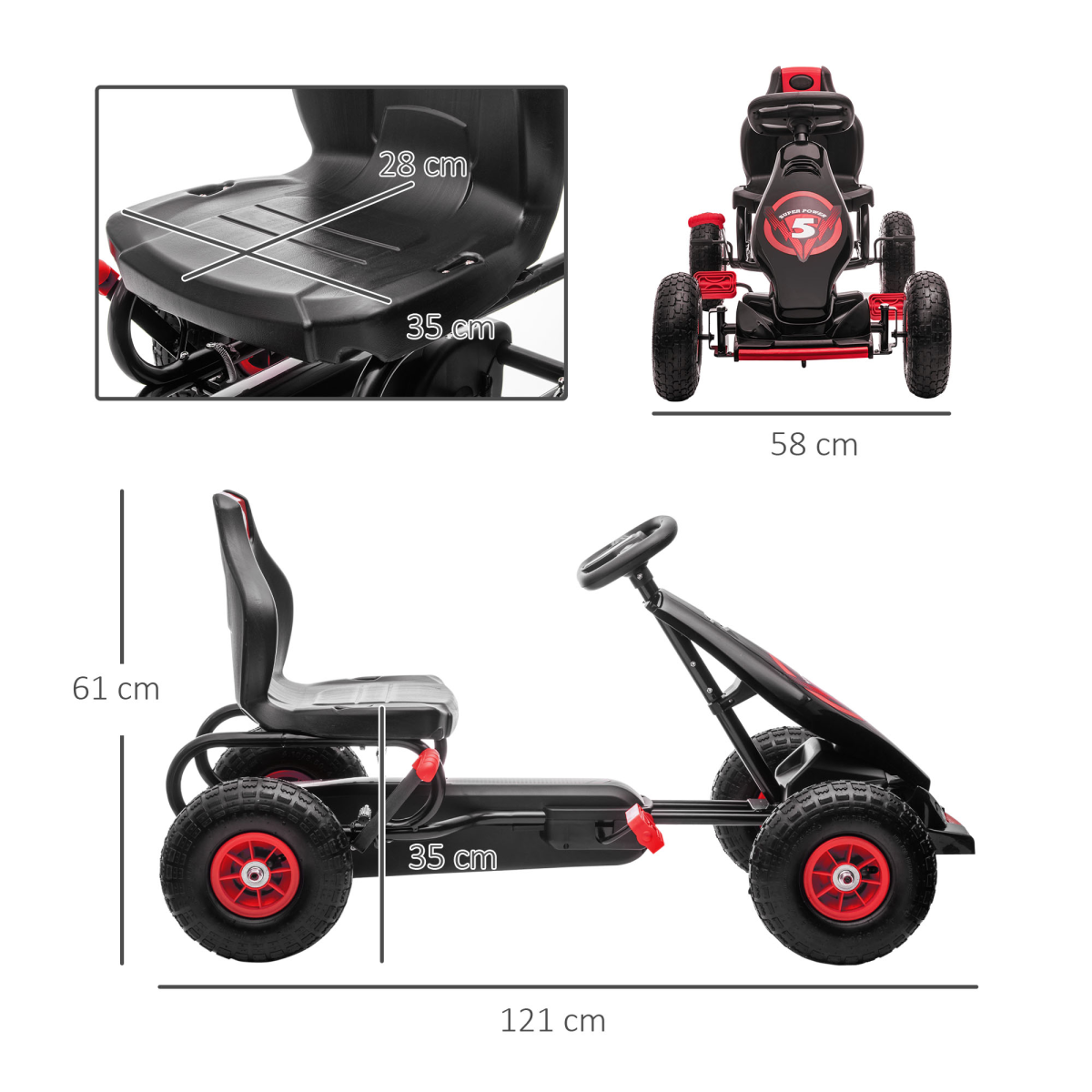Kids Pedal Go Kart w/ Adjustable Seat, Rubber Wheels, Brake - Red