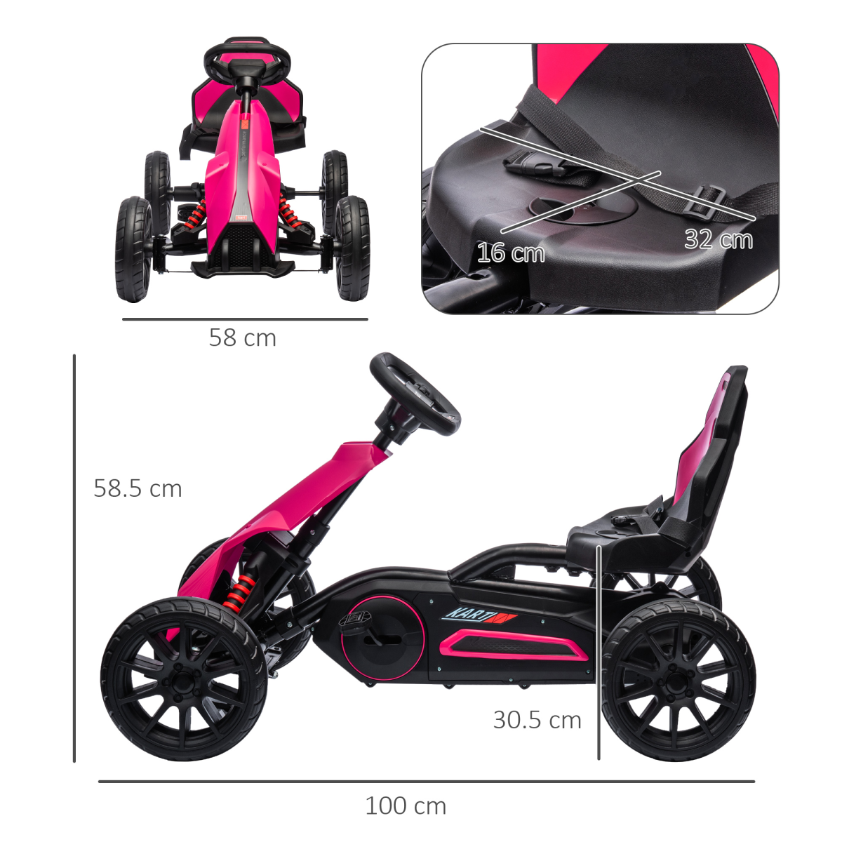 Kids Pedal Go Kart with Adjustable Seat, Handbrake - Pink