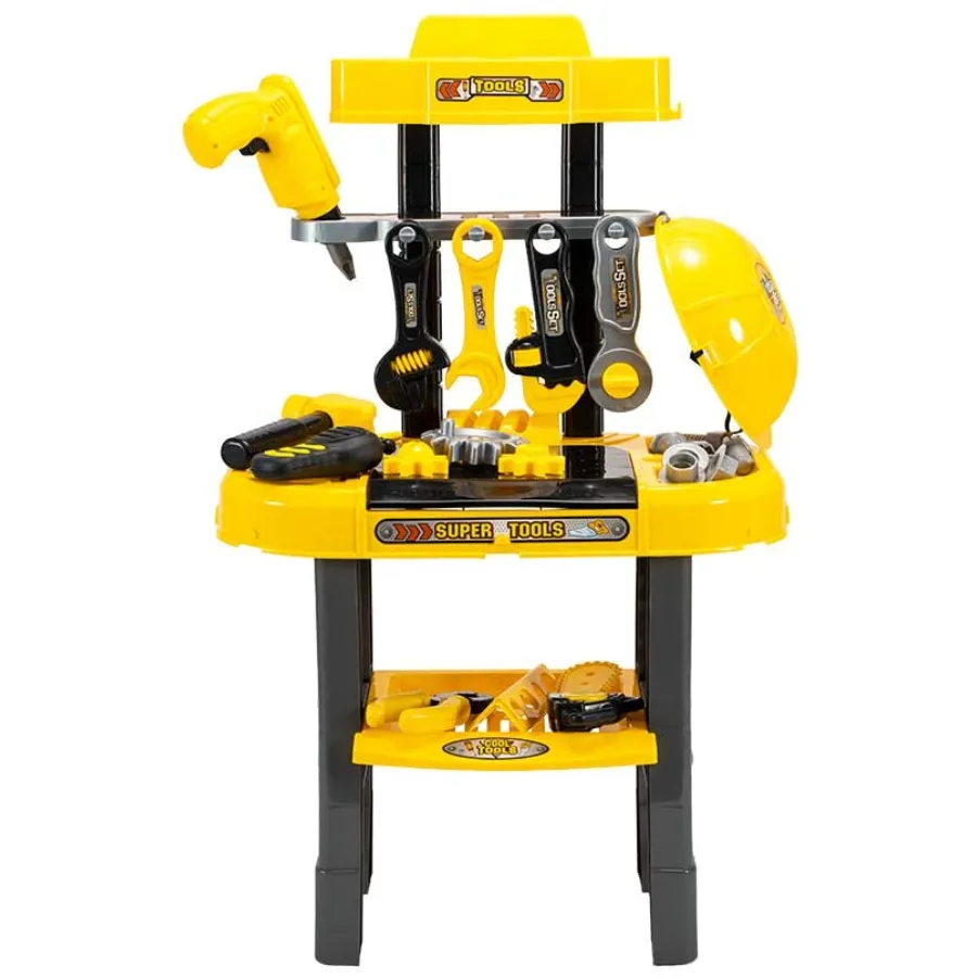 Pretend Play Work Bench Tool Kit with Drill Hammer Working Gears & Safety Helmet Play Set