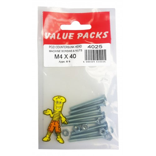 M4 x 40 Pozi Csk Machine Screws & Nuts