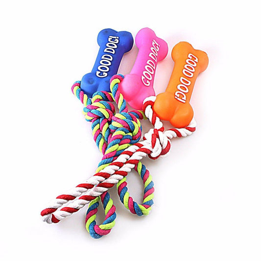 Pet Dog Toy Squeaky 'Good Dog' Bone with Rope Assorted Colours 4609