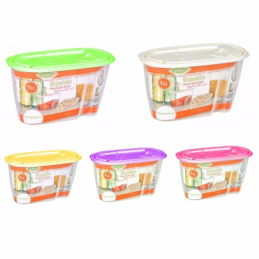 Plastic Dried Food Grains Pantry Storage Container With Pourer Lid 1L Assorted Colours Bg283