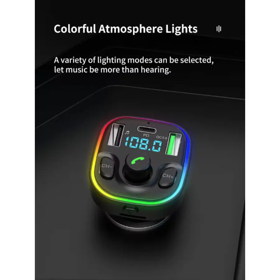 Bluetooth Hands-free Call Car MP3 Player Type-C + Dual USB Ports Phone Charger FM Transmitter with LED Light